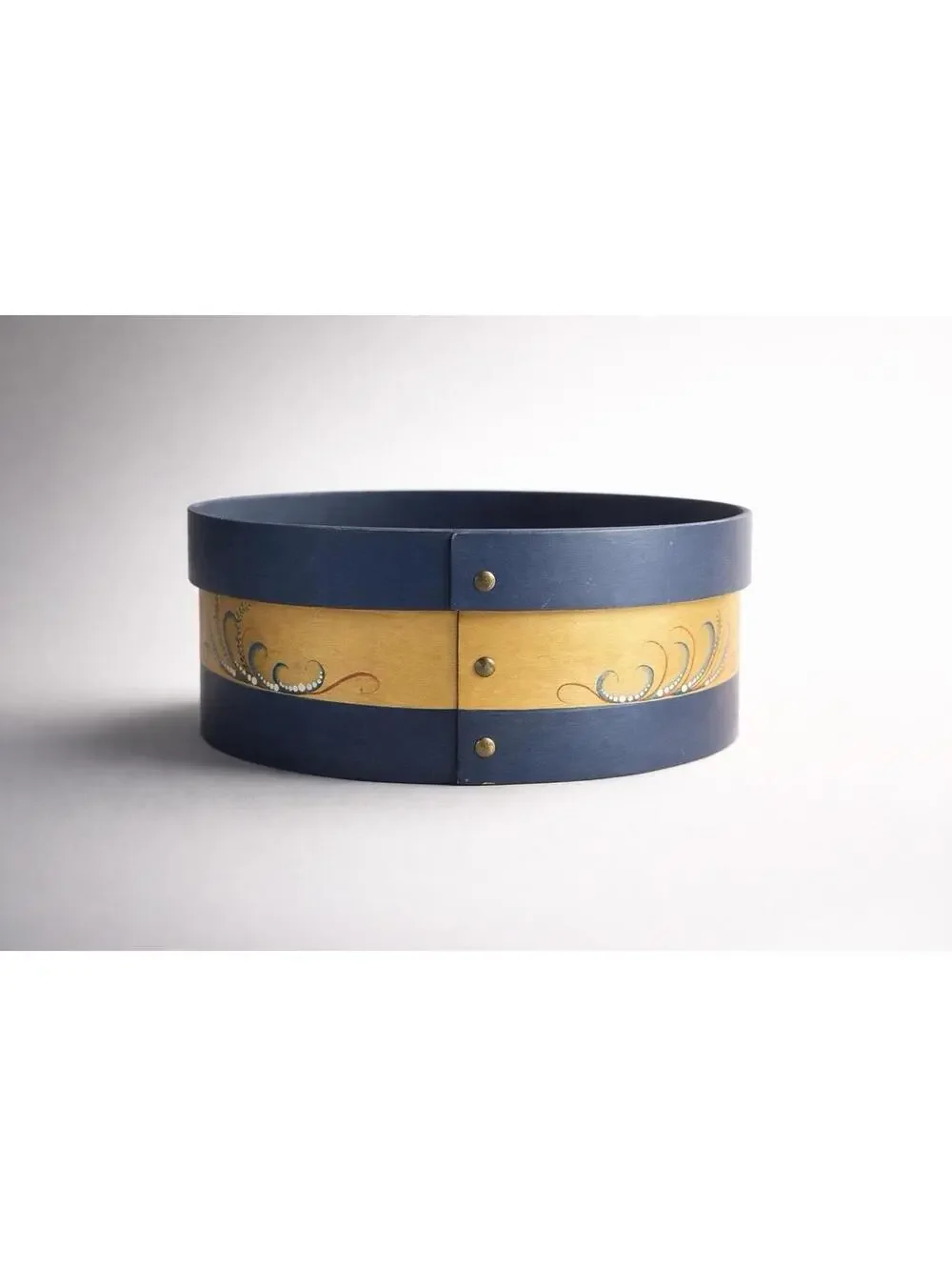 Hand-Painted Wooden Round Box with Blue and Natural Finish